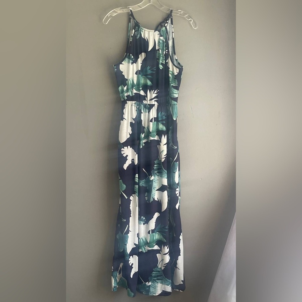 Halter Maxi Dress Sz S Green Floral Cotton Retro Boho Summer Resort Tropical